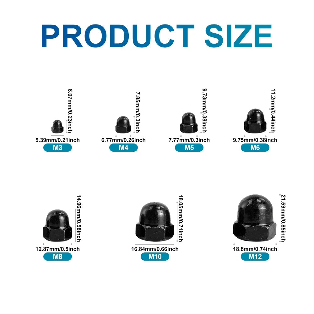 NINDEJIN  Acorn Cap Nut M3 M4 M5 M6 M8 M10 M12 Black Carbon Steel Dome Nut Cover Cap Nuts DIN1587 - KiwisLove