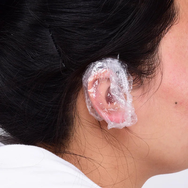 100PCS Disposable Hair Earmuff Dye Transparent Elastic Shower Hair Dye Protection Tool Shield Waterproof Earpack Plastic Wrap