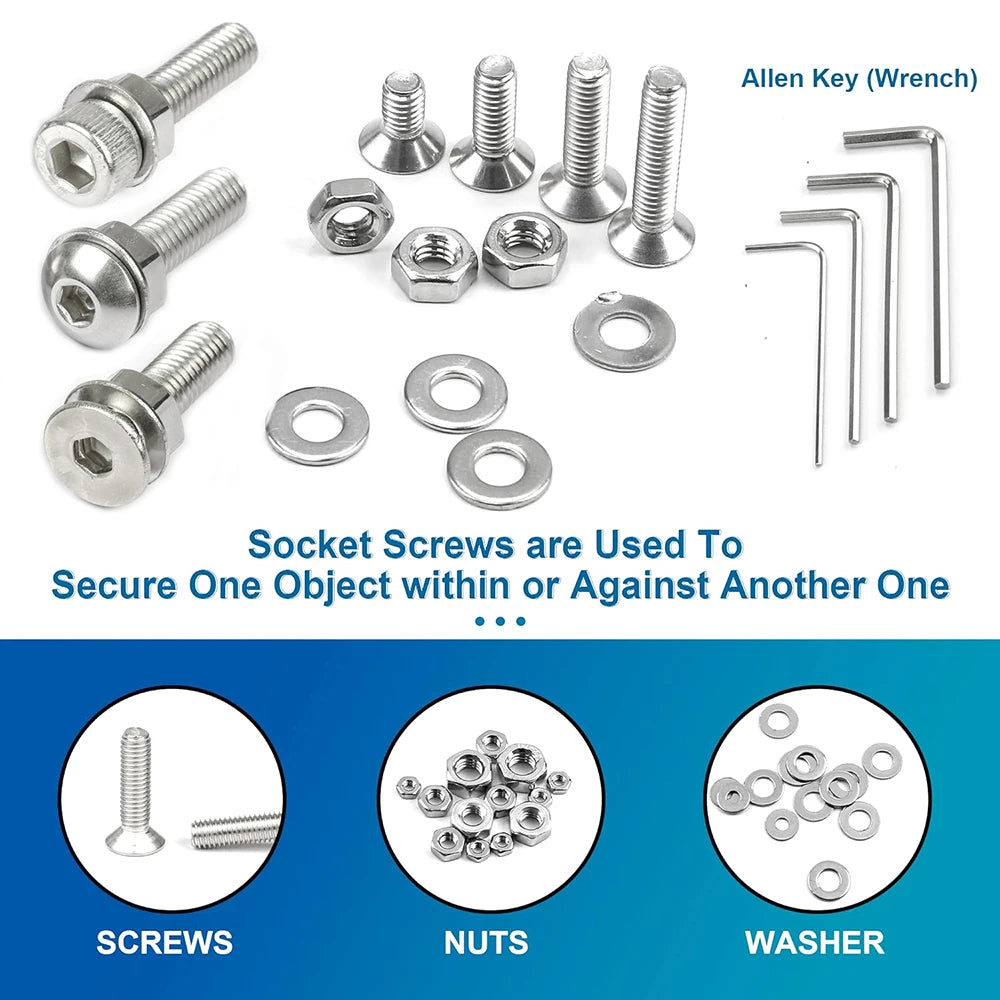 NINDEJIN 580Pcs/Set Hex Socket Cap Head Screw Nut Set Stainless Steel M2 M3 M4 M5 Hexagon Flat Round Cap Head Screw Assorted Kit