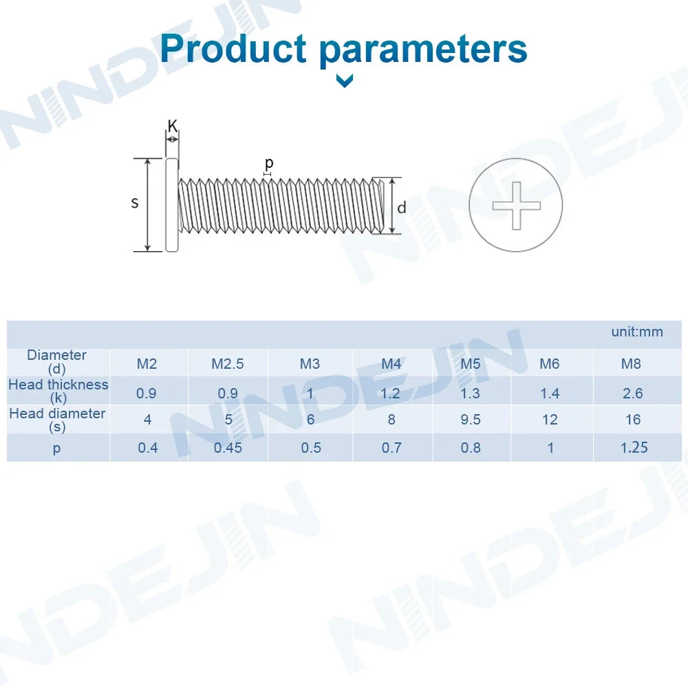 NINDEJIN Cross Ultra Thin Flat Head Laptop Screw M2 M3 M4 M5 M6 M8 Stainless Steel Wafer Head Phillips Machine Screw for Lenovo