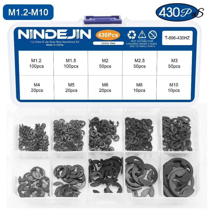 NINDEJIN 430pcs e-clip Assortment Kit M1.2-M10 Stainless Steel Carbon Steel Snap Ring Washer E-shaped External Retaining Ring - KiwisLove