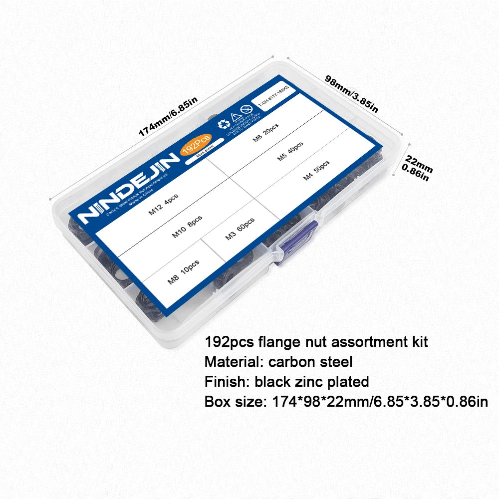 NINDEJIN 192pcs Black Flange Nut  Assortment Kit M3-M12 Hexagon Carbon Steel Serrated Spinlock Flange Lock Nut Set DIN6923