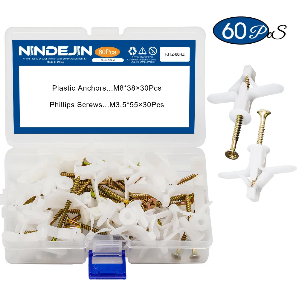 NINDEJIN 60pcs/set Drywall Anchor kit Hollow Wall Anchors with Screws Plastic Wall Anchor Butterfly for Gypsum Board