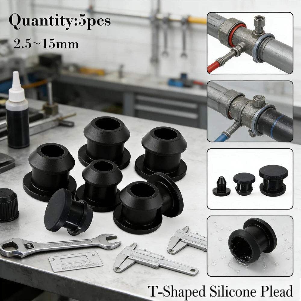 5pcs Black Silicone Hole Plug Assorted Kit , 2.5-15mm Snap-on End Caps for Sealing Tubes, Dust Water Resistant ﻿