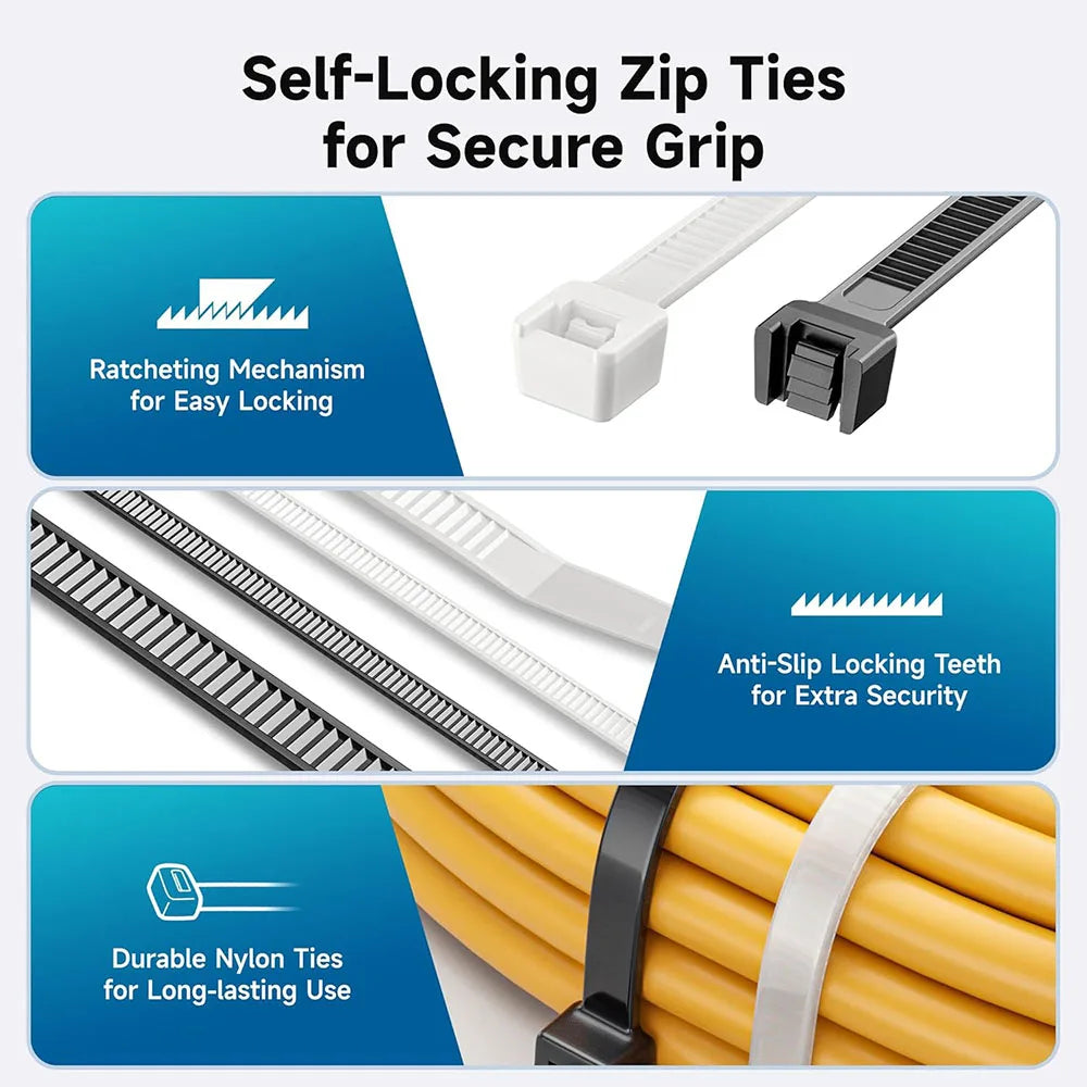 100-1000pcs Nylon Cable Zip Ties Adjustable Self-locking Cord Ties Durable Plastic Cable Ties Binding Wrap Straps for Office - KiwisLove