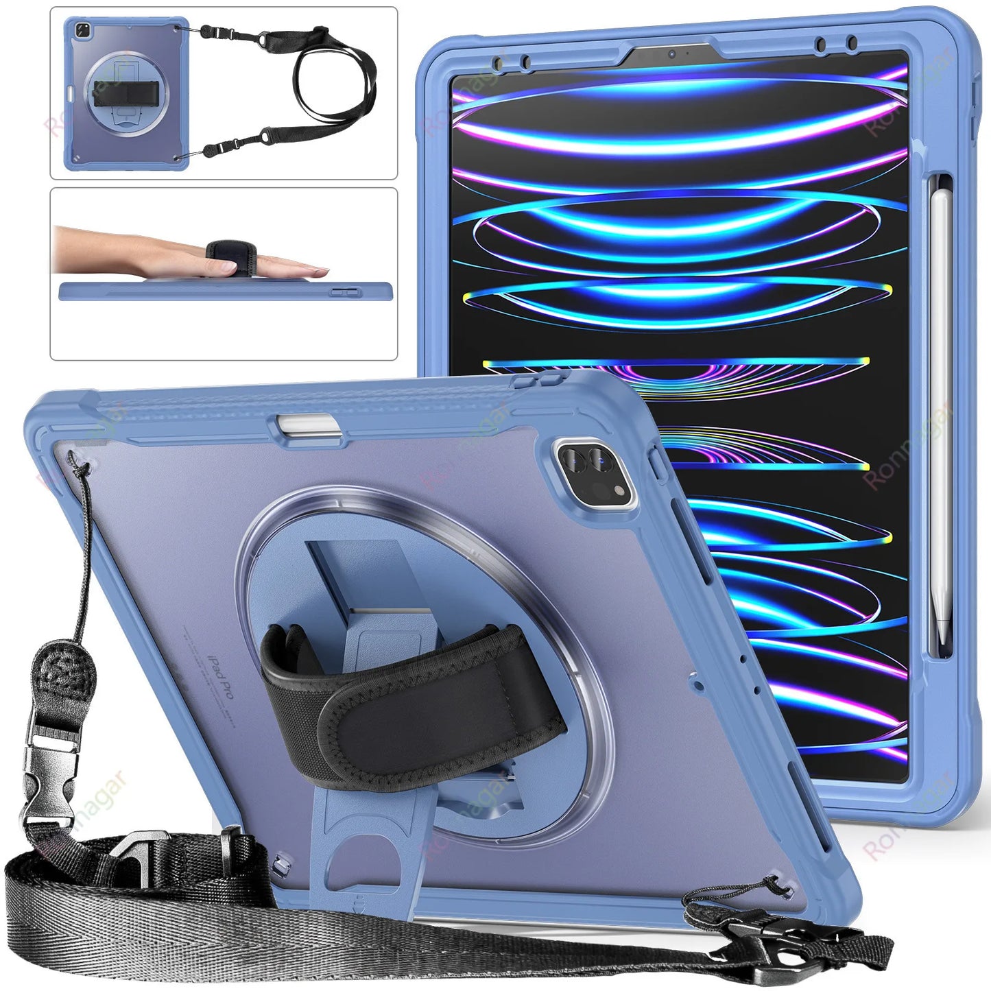 Heavy Duty Case for iPad Pro 11 Inch M1 M2 iPad Pro 12.9 Case iPad7 8 9th 10.2 10th Air4 5 10.9 5/ 6th 9.7 Cover Shoulder strap