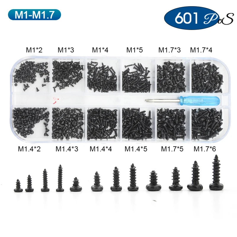NINDEJIN Phillips Micro Screw Kit M1 M1.2 M1.4 M1.7 M2 Carbon Steel Electronic Small Tapping Screw Set for Glasses Phone Watches