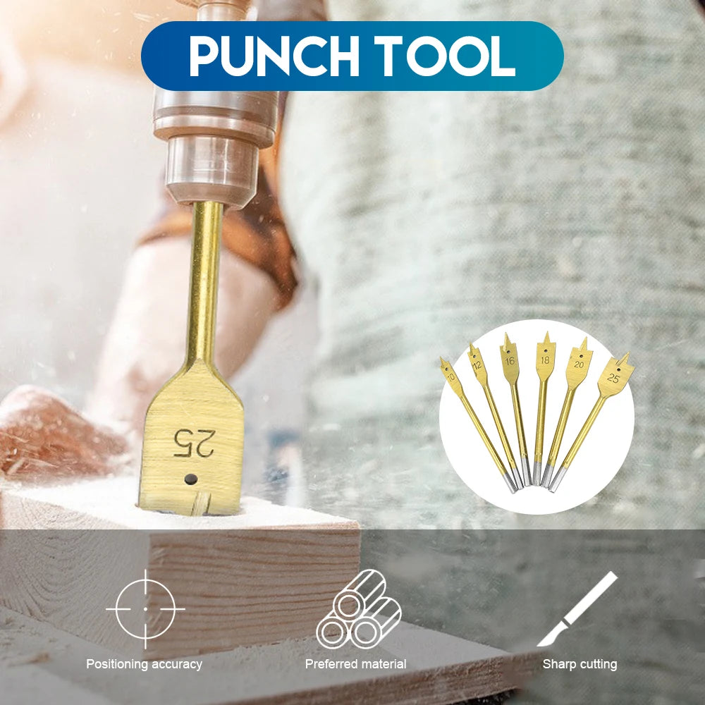 NINDEJIN 6pcs Woodworking Spade Drill High Speed Steel Titanium Coated Three Point Wood Drill Carpentry Tools 1/4 Hex Shank - KiwisLove