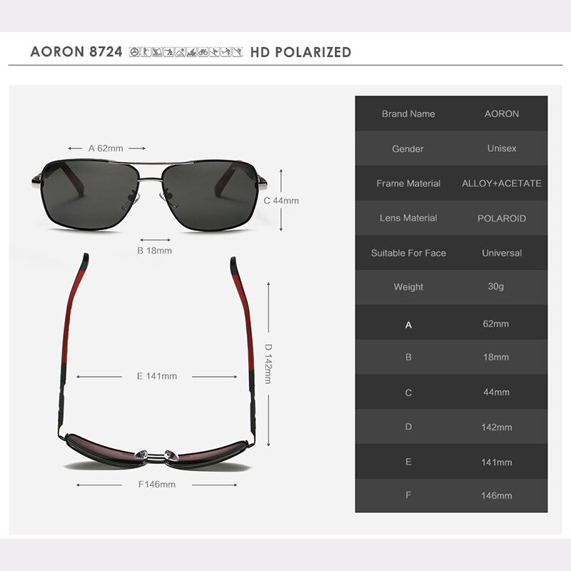 AORON Men Polarized Sunglasses Men Brand Original Design Metal Frame Rectangle Lens UV400 Sun Glasses Men - KiwisLove