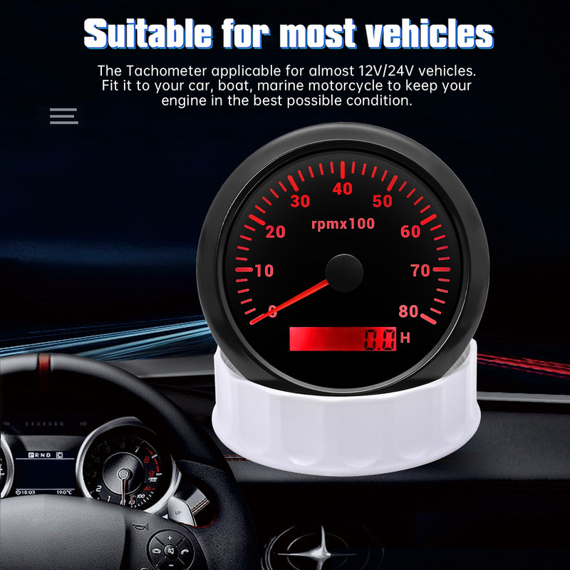 HD 85mm Tachometer With LCD Hourmeter 7 Color Backlight Tacho Gauge 3000 4000 6000 7000 8000 RPM For Marine Boat Car 12V/24V - KiwisLove