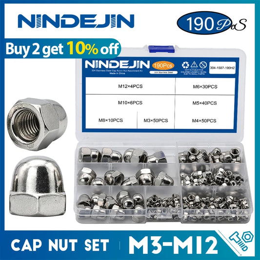 NINDEJIN 190pcs Acorn Nut Kit M3 M4 M5 M6 M8 M10 M12 Stainless Steel Hexagon Dome Cap Nut Set Blind Nut Assortment Kit