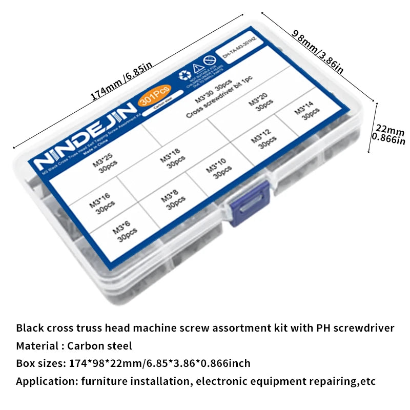 NINDEJIN Truss Head Machine Screw Kit M3 M4 M5 M6 Black Carbon Steel Mushroom Big Truss Head Phillips Machine Screw and Nut Set