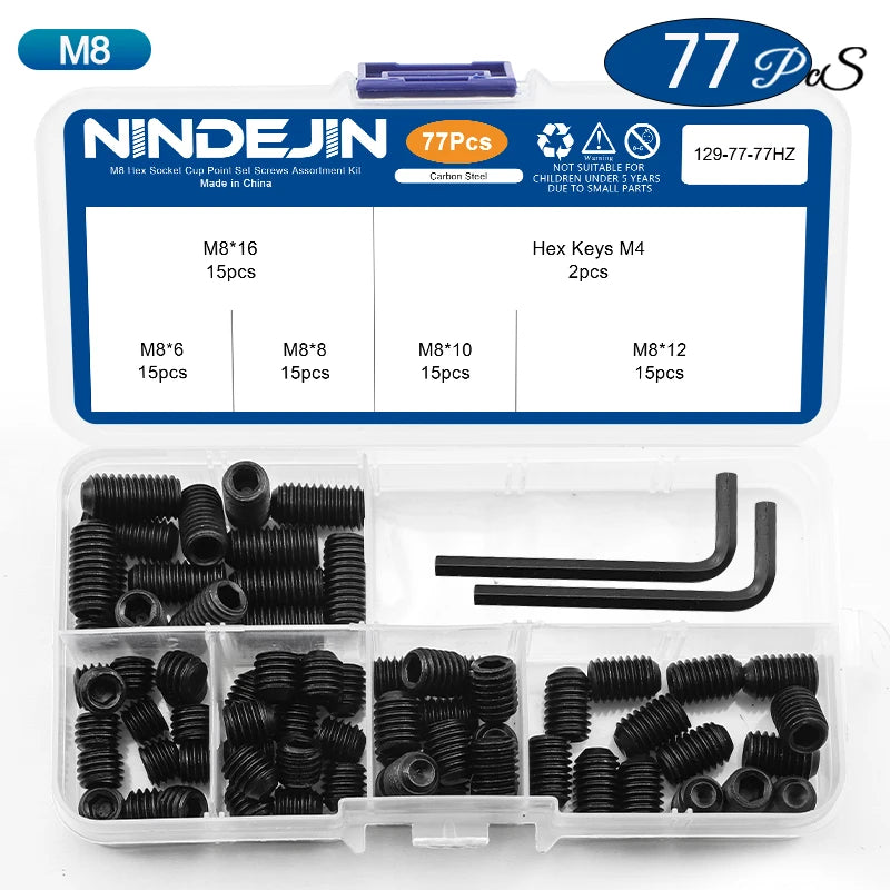 NINDEJIN Hex Socket Cup Point Set Screw M2 M2.5 M3 M4 M5 M6 M8 12.9 Carbon Steel Headless Allen Head Grub Screw Assortment Kit