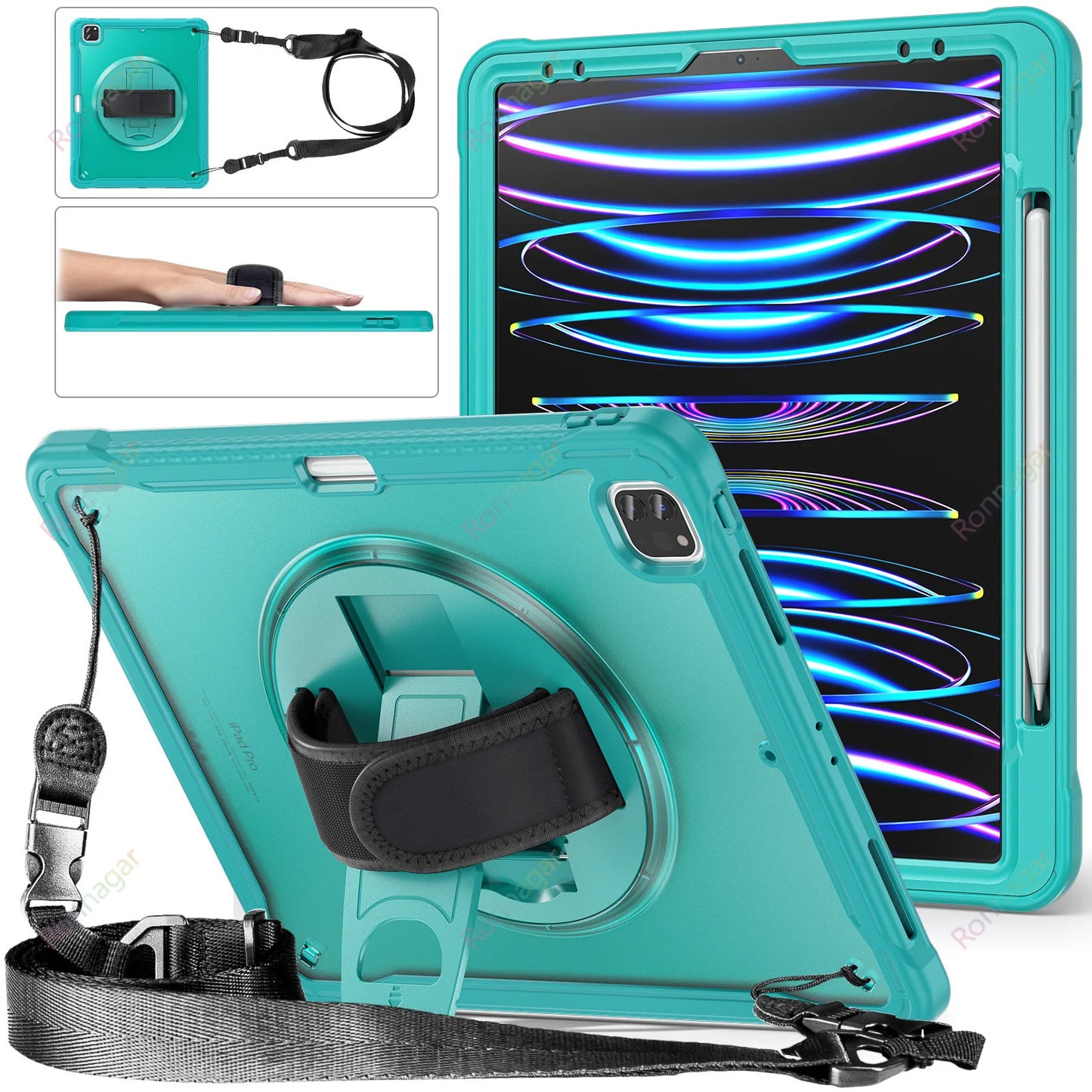 Heavy Duty Case for iPad Pro 11 Inch M1 M2 iPad Pro 12.9 Case iPad7 8 9th 10.2 10th Air4 5 10.9 5/ 6th 9.7 Cover Shoulder strap