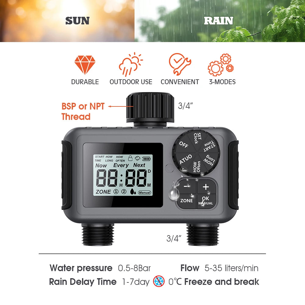 New 3/4 "2 Way Garden Intelligent LCD Digital Timer Automatic Programming Watering Controller for Greenhouse Plant Irrigation Sy