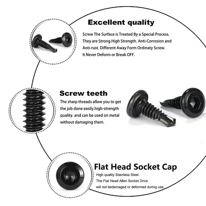 NINDEJIN 20pcs Flat Head Hex Socket Cap Self Drilling Screw Black Zinc 410 M5 M5.5 #12 Self Tapping Sheet Metal Screws