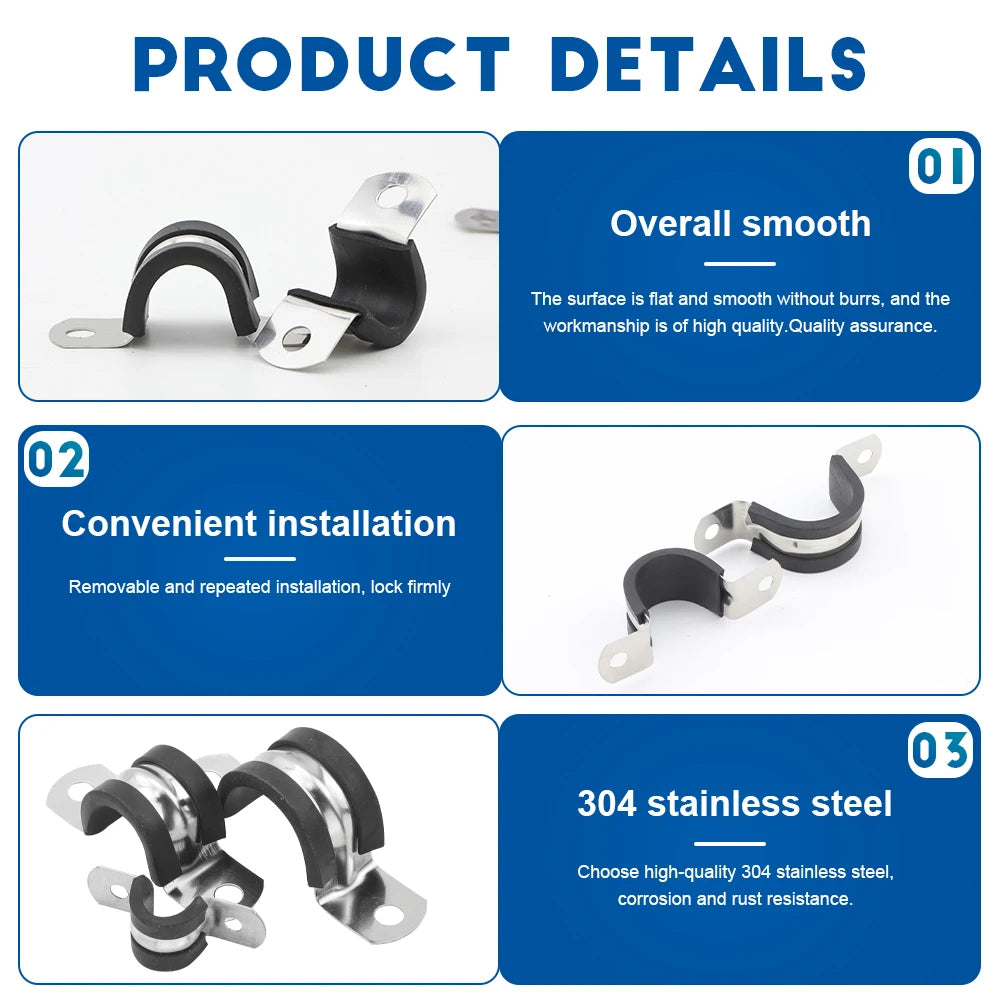 NINDEJIN 2/5/10pcs Stainless Steel 2-hole Pipe Clamps with Insulated Rubber Pipe Strap Hanger Clamp for Rigid Pipes Hoses Cables
