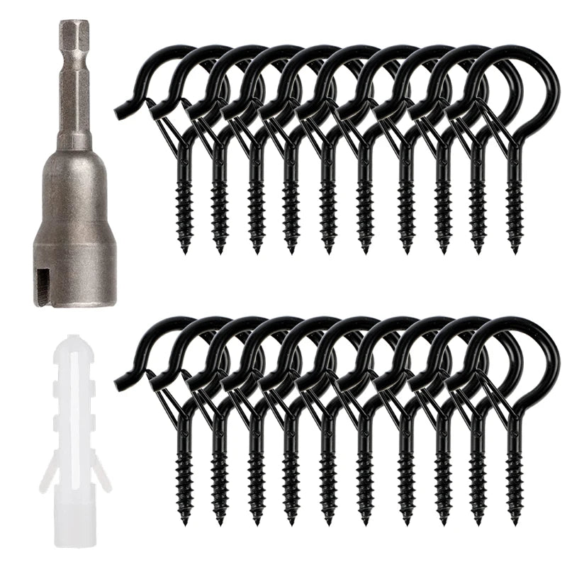 12/20PCS Q-Hanger Screw Black Hooks Ceiling Hooks with Safety Buckle for Plant and Christmas Outdoor String Lights Hooks