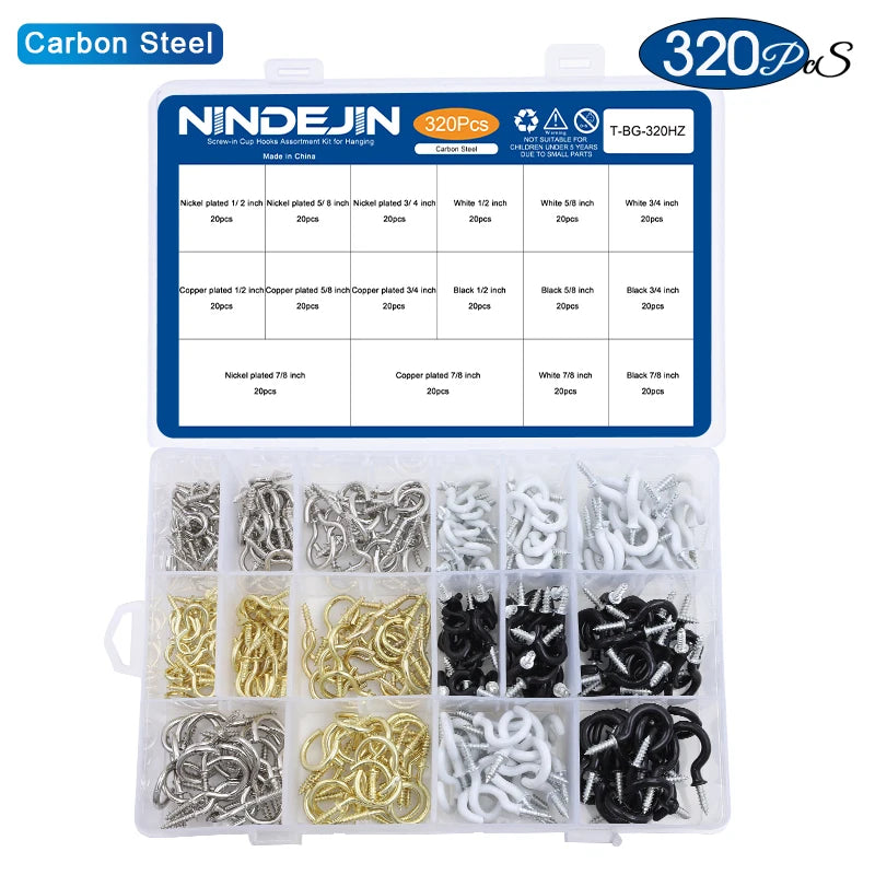 NINDEJIN 66/100/320/340pcs Screw Hook Kitchen Cup Ceiling Hook Kit Eye Screw Bend Hook Kit for Wood Wall Hanging