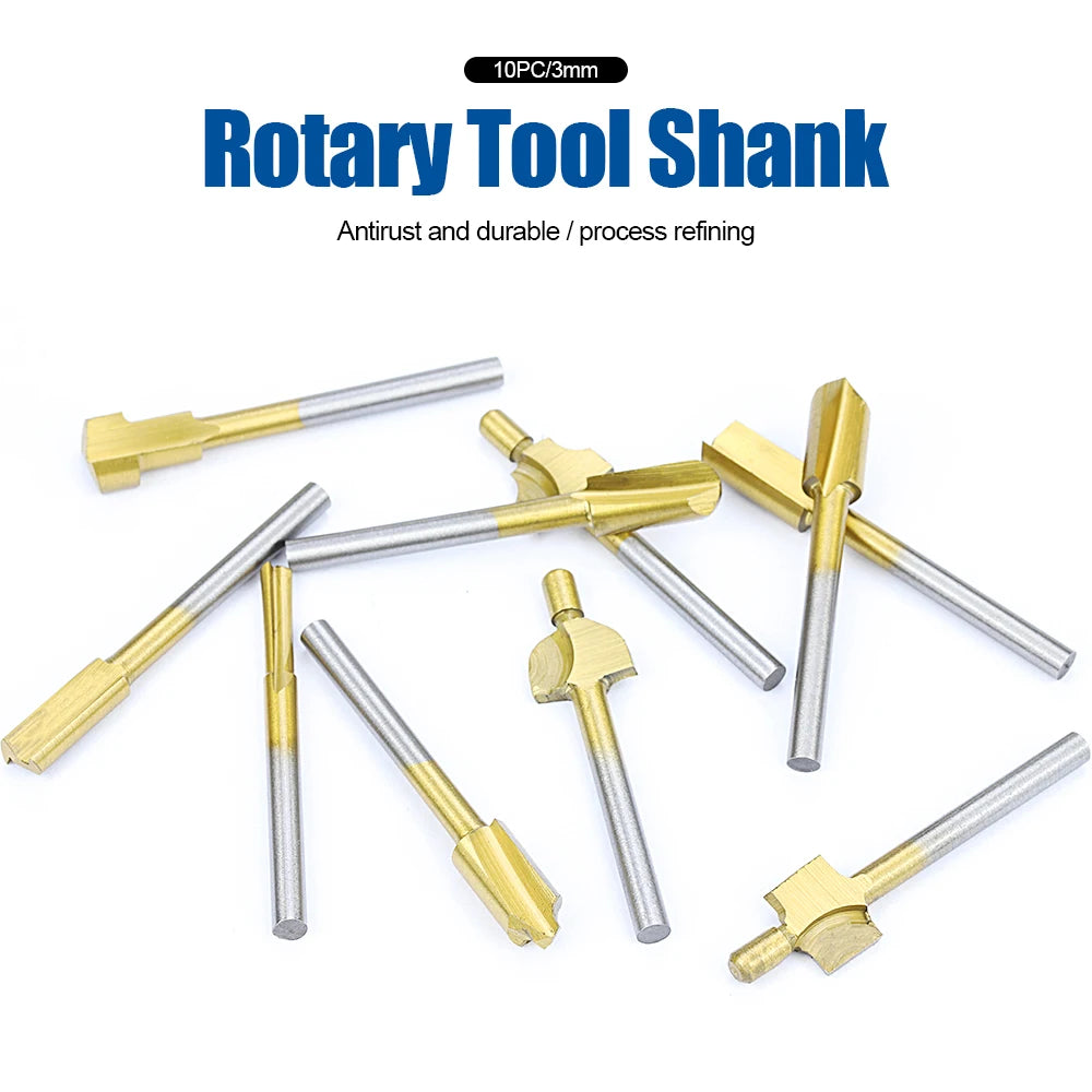 NINDEJIN 10pcs HSS Router Bit Set Wood Cutter Milling Fits Titanium 1/8" Shank Dremel Accessory Engraving Carpenter Rotary Tools - KiwisLove