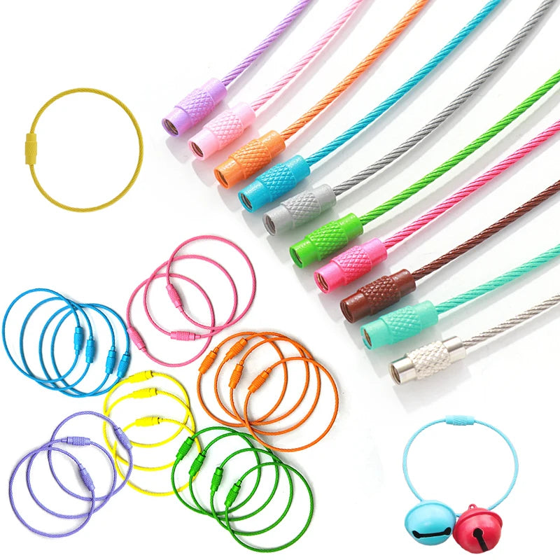 10pcs/lot 15cm Length Stainless Steel Wire Keychain Rings Key Keyring Circle Rope Cable Loop Luggage Tag Screw Lock Gadget