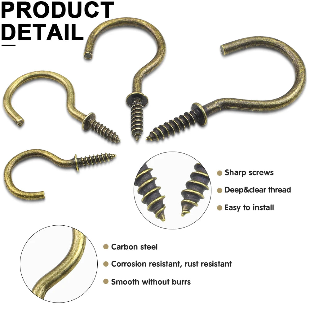 NINDEJIN Bronze Screw Hooks 1/2" 3/4" 1" Carbon Steel Heavu Duty 2" Screw-in Kitchen Cup Wall Ceil Hooks for Hanging Plant Light - KiwisLove
