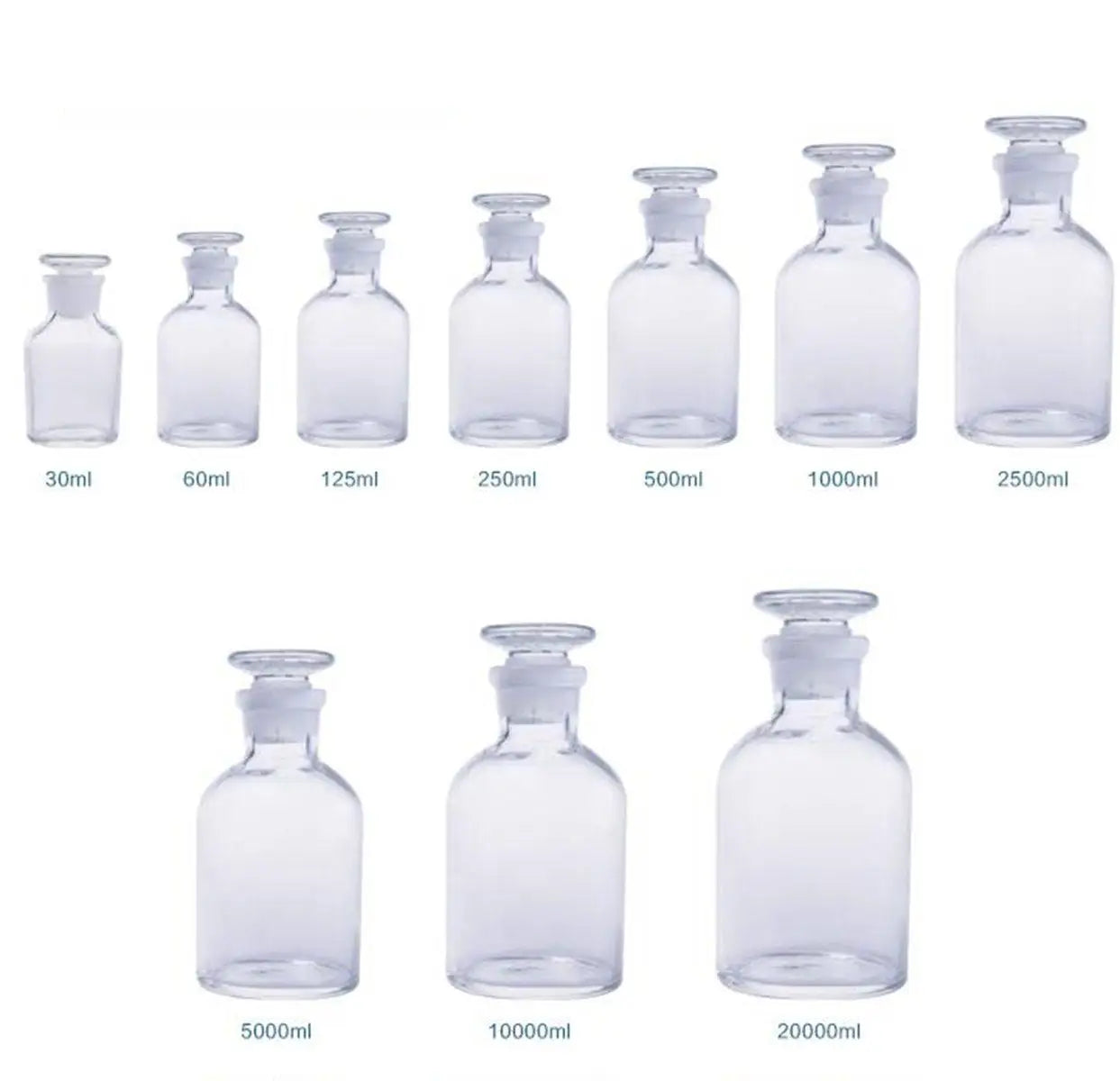 30ml/60ml/125ml/500ml/1000ml/2500ml Glass Reagent Bottle Ground-in Glass Stopper Narrow Mouth Transparent - KiwisLove