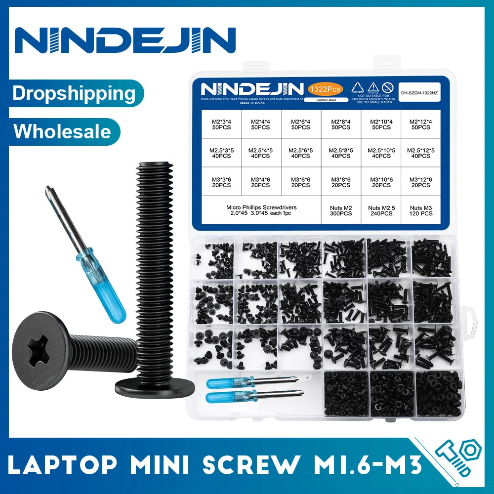 NINDEJIN Laptop Computer Screw Kit with Nut M1.6 M2 M2.5 M3 Ultra Thin Head Notebook Laptop Screw Set for Samsung HP Dell Lenovo