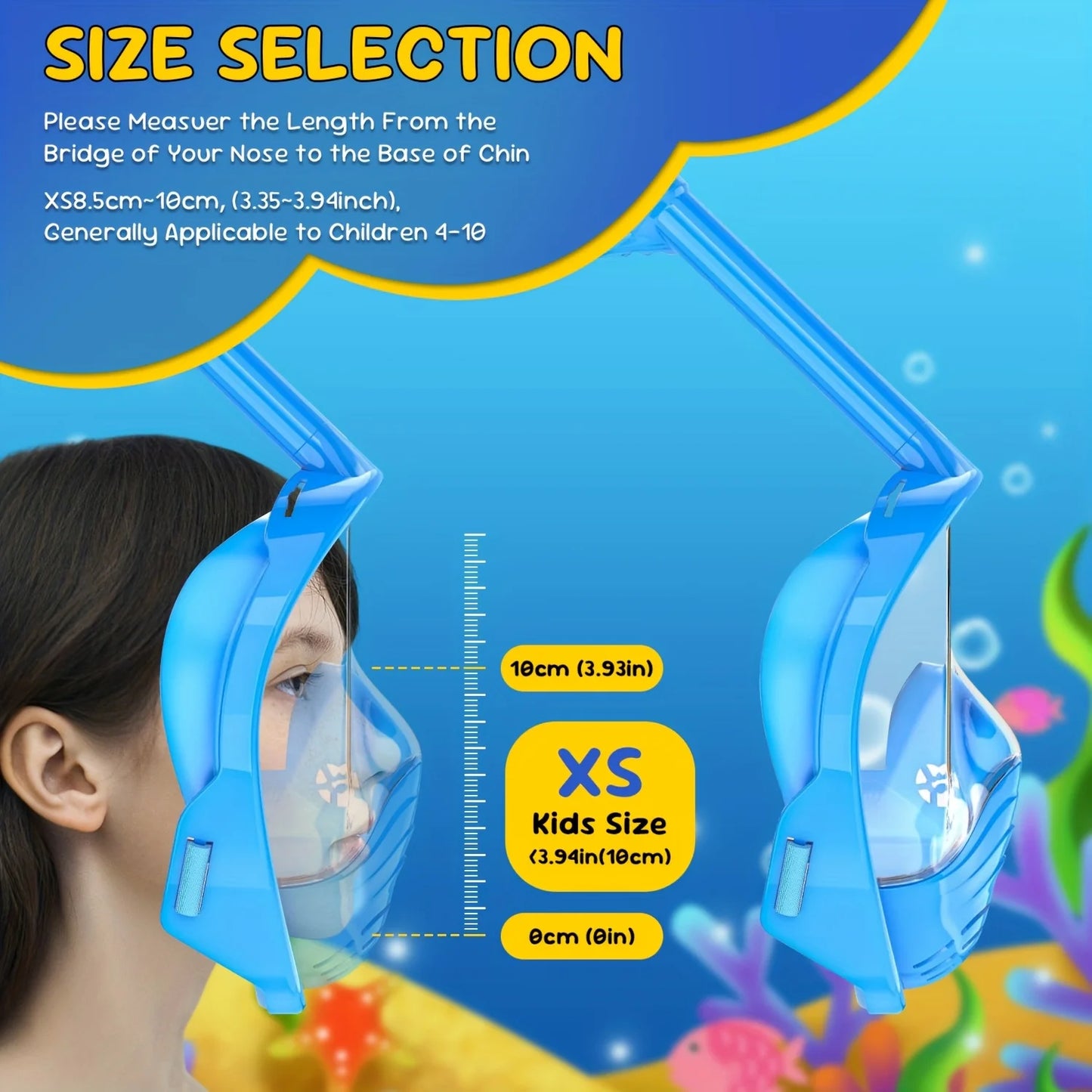 Kids Snorkel Mask  Anti-Fog Leak-Proof Soft Silicone Design Easy to Wear Diving Mask Underwater Scuba Full Face  360° Panoramic