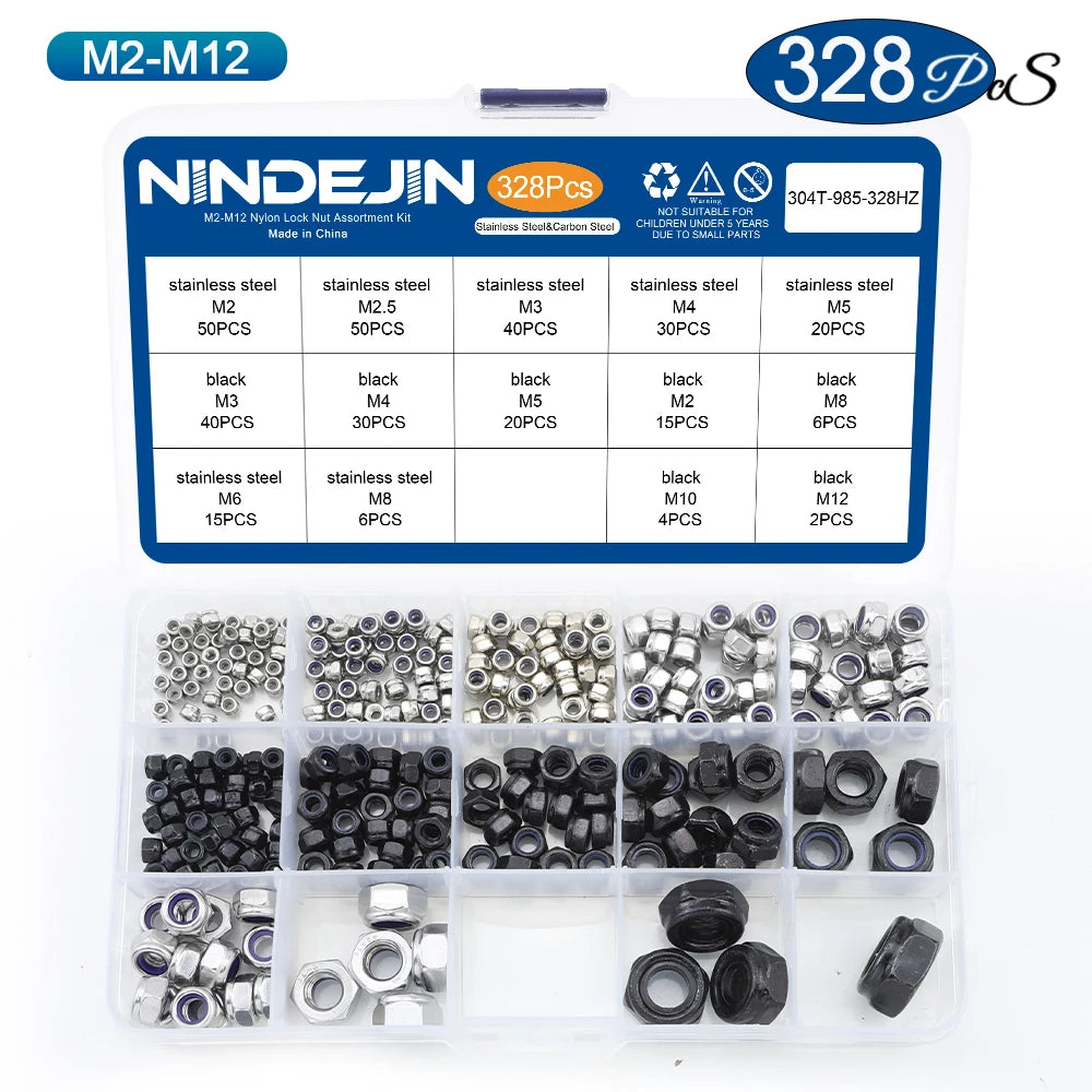 NINDEJIN Nylon Lock Nut Set Black Zinc Plated Carbon Steel M2-M12 Hexagon Locknut Self Locking Nut Assortment Kit DIN985