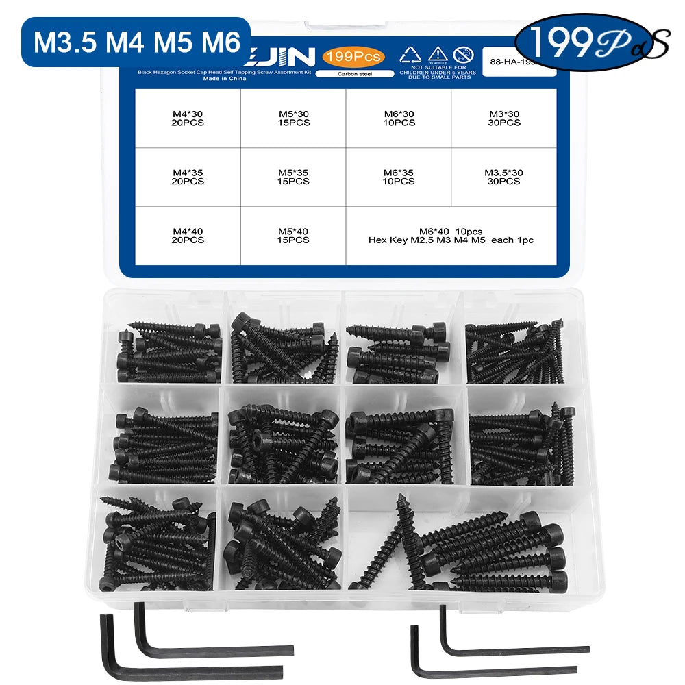 NINDEJIN 199/353pcs Hex Socket Cap Head Self Tapping Screw Set M3 M4 M5 M6 Carbon Steel Allen Head Tapping Screw Assortment Kit