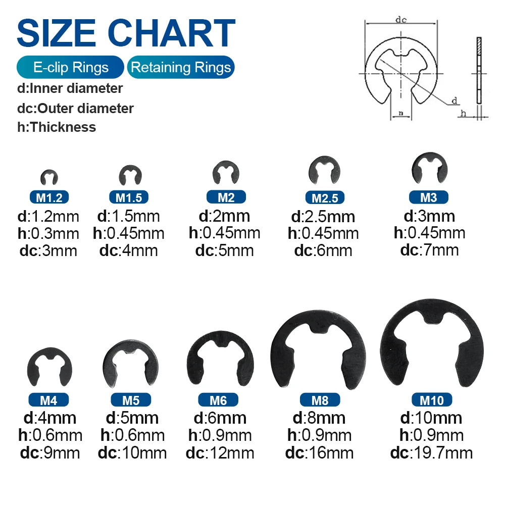 NINDEJIN 430pcs e-clip Assortment Kit M1.2-M10 Stainless Steel Carbon Steel Snap Ring Washer E-shaped External Retaining Ring - KiwisLove