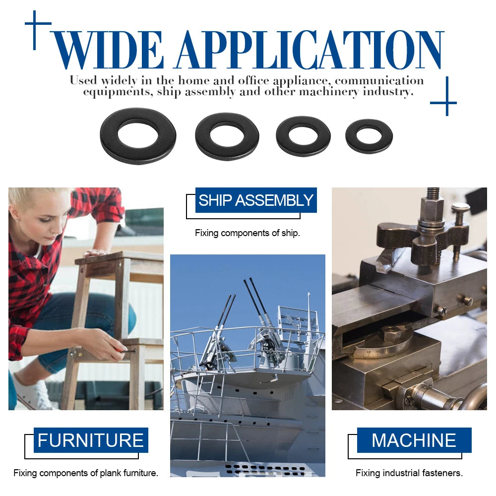 NINDEJIN Black Flat Washer M2 M2.5 M3 M4 M5 M6 M8 M10 M12 M14 M16 M18 M20 M22 M27 M30 M33 M36 Carbon Steel Plain Washers Gaskets - KiwisLove