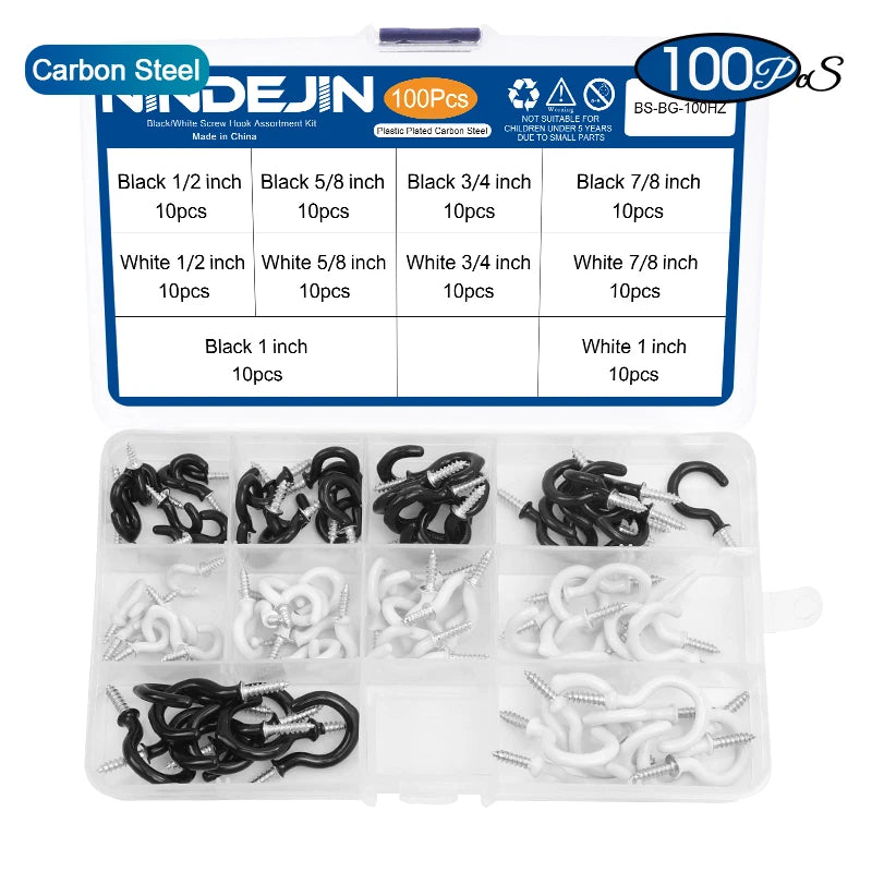 100/118/150/185pcs Wall Hook Screw Hook Set Hanger Screw-in Hook Kit Light Ceiling Kitchen Cup Hook Carbon Steel Screw Eye