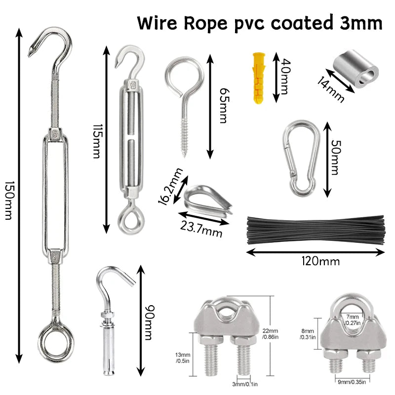 200FT 1/8'' 304 Stainless Steel  Garden Wire Turnbuckle Tensioner Kit Vinyl Coated 3mm Cable Wire For Garden