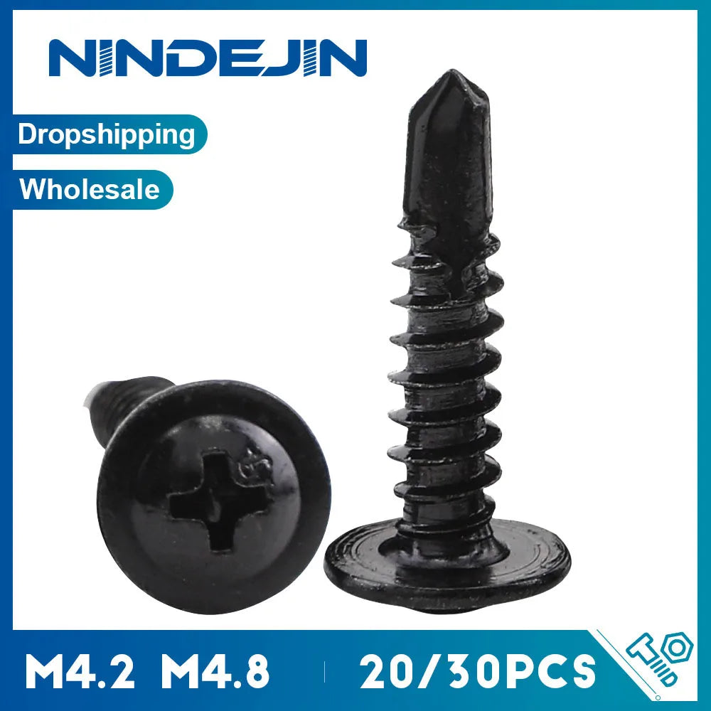 NINDEJIN 20/30pcs Washer Head Phillips Self Drilling Screw Black Zinc-plated 410 #8 M4.2 M4.8 Self Tapping Sheet Metal