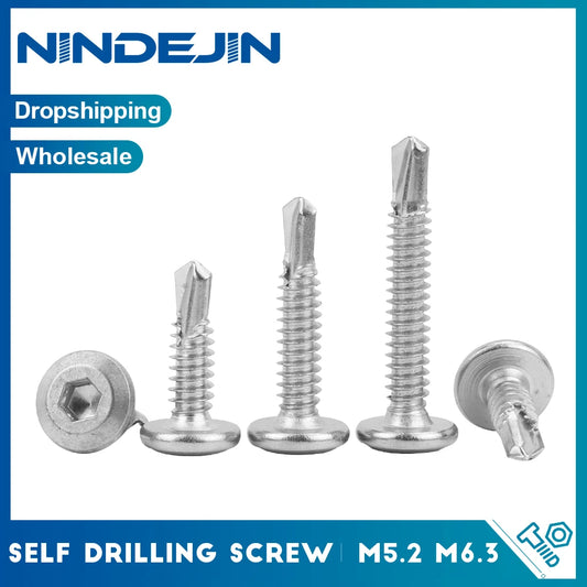 NINDEJIN 25pcs Flat Head Hexagonal Drill Tail Self-tapping Screw M5 410 Stainless Steel Allen Inverted Screw Drilling Tail Bolt