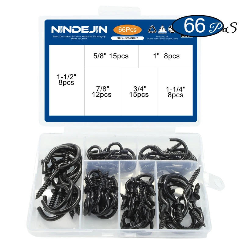 NINDEJIN 66pcs Heavy-duty Screw Hooks Kit Carbon Steel Screw-in Hook Hanger Ceil Cup Hook for Hanging Mug Plant Decorative Screw