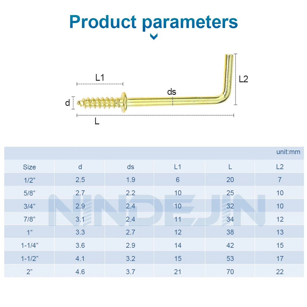 NINDEJIN 1/2"~1-1/2" Square Bend Hooks Kit Brass Plated L-Shaped Right Angle Screw Hook Self Tapping Screw in Hook for Hanging - KiwisLove