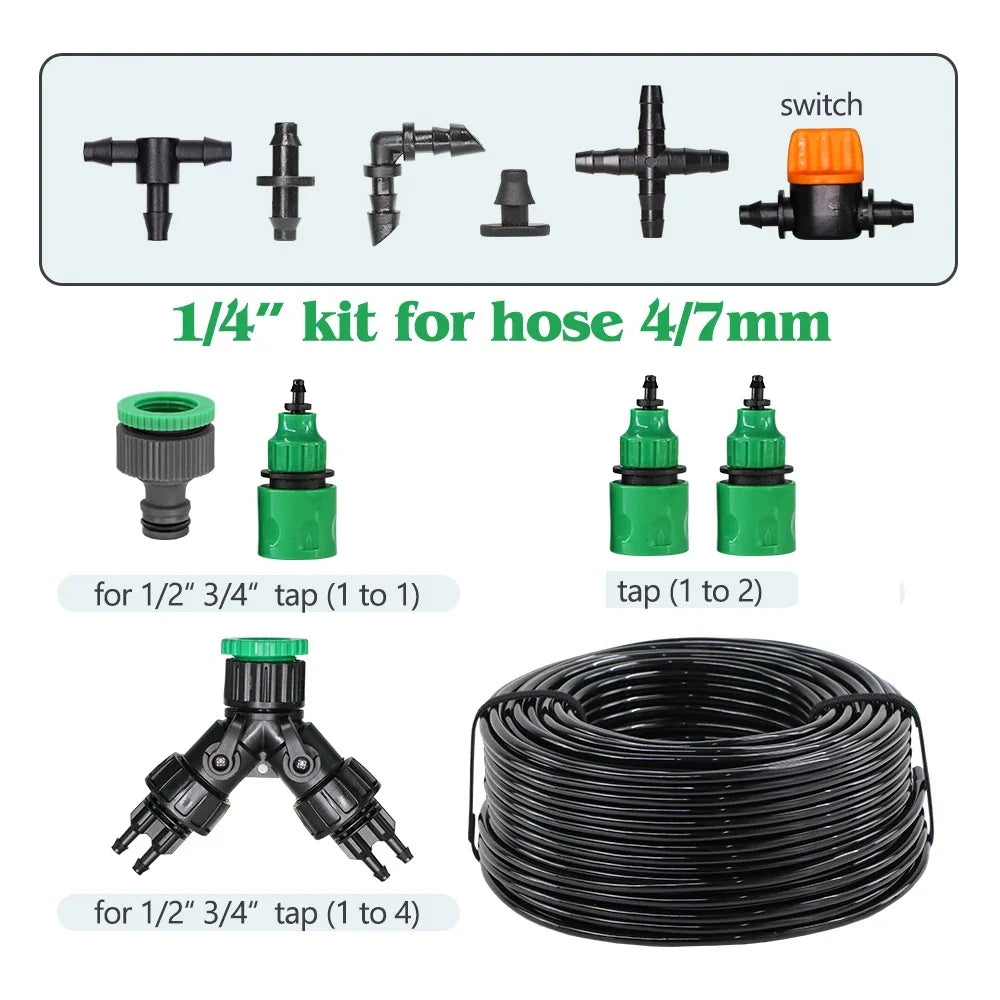 1/4'' Drip Irrigation System Hose Kit Adjustable 13CM Sprinkler Kit for Garden Flowers Greenhouse Vegetable Indoor Pots System