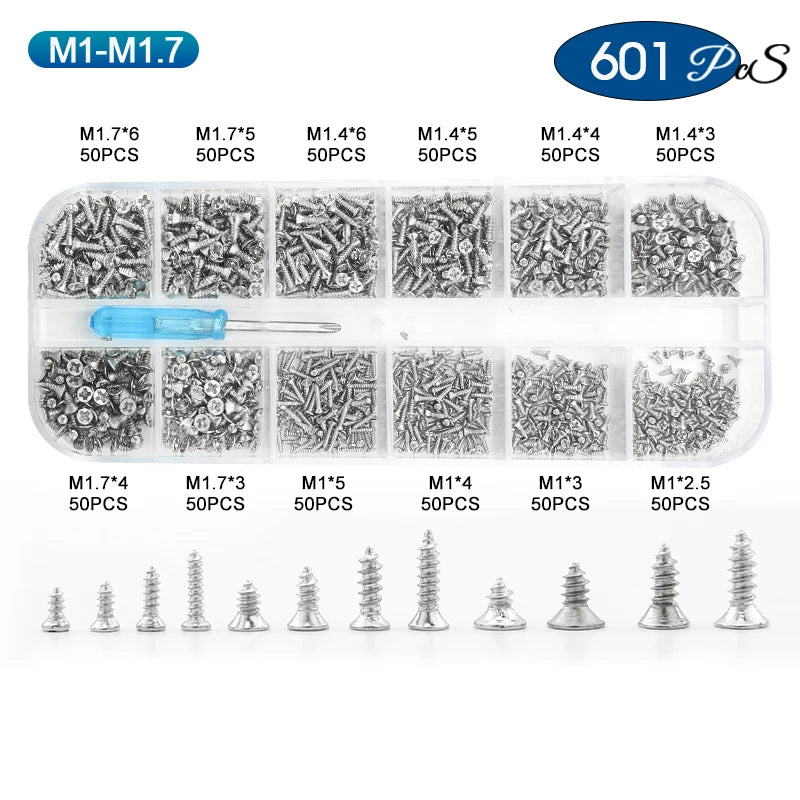 NINDEJIN 601pcs Electronic Screw Kit Nickel Plated Flat Round Head Mini Micro Screw Set Phone Glasses Tapping Screw Kit M1-M1.7