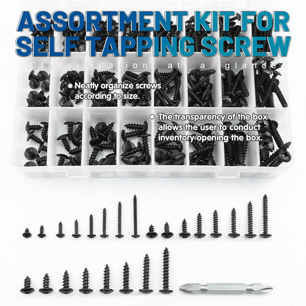 NINDEJIN 401pcs Cross Truss Head Self Tapping Screw Set Black Plated Mushroom Head Phillips Screw Assortment Kit Woodworking