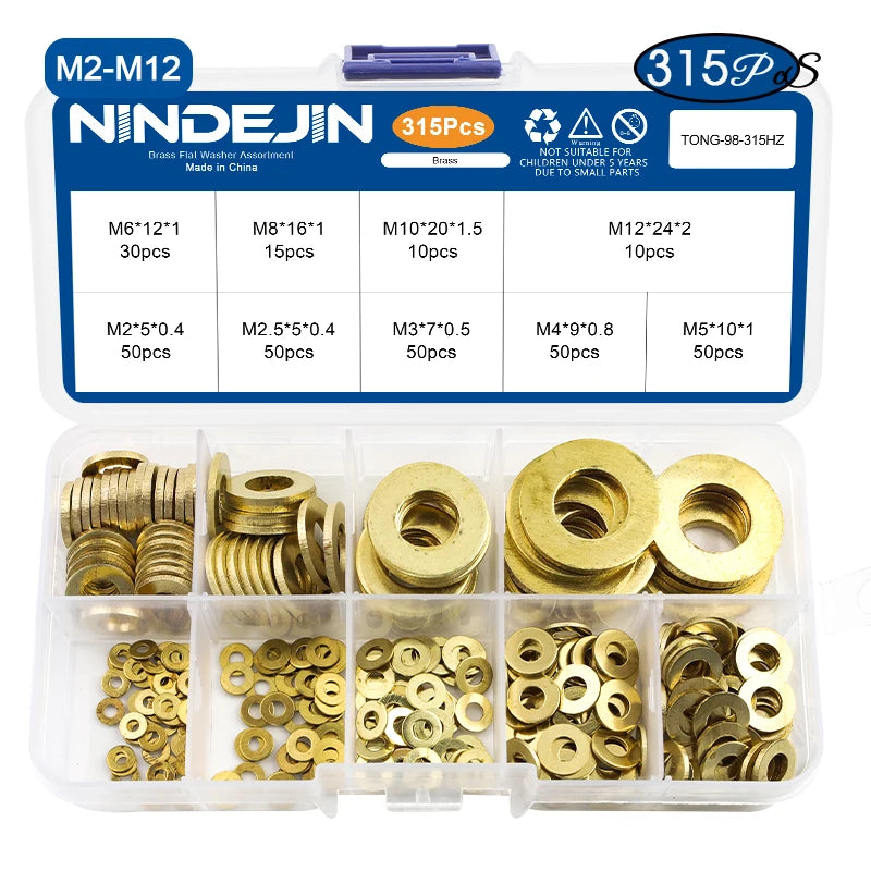 NINDEJIN Brass Flat Washer Set 280/315pcs M2-M12 Metric Brass Plain Washer Flat Gasket Fastener Pure Copper Ring for Screw Bolt - KiwisLove