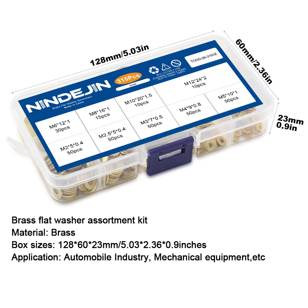 NINDEJIN Brass Flat Washer Set 280/315pcs M2-M12 Metric Brass Plain Washer Flat Gasket Fastener Pure Copper Ring for Screw Bolt - KiwisLove