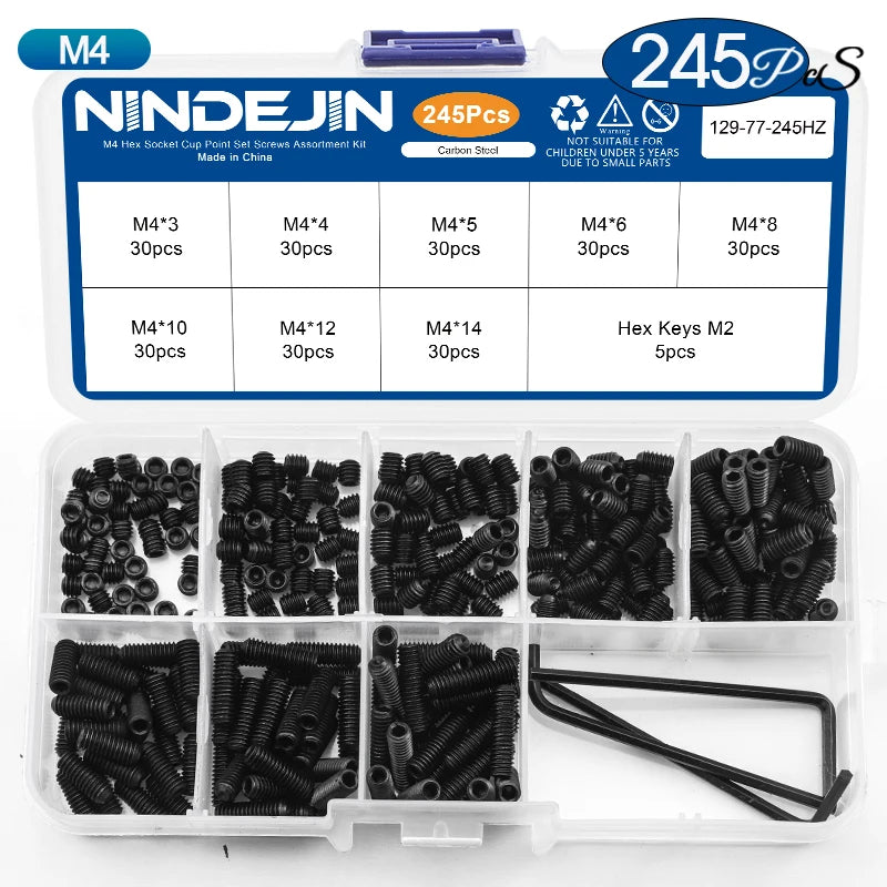 NINDEJIN Hex Socket Cup Point Set Screw M2 M2.5 M3 M4 M5 M6 M8 12.9 Carbon Steel Headless Allen Head Grub Screw Assortment Kit