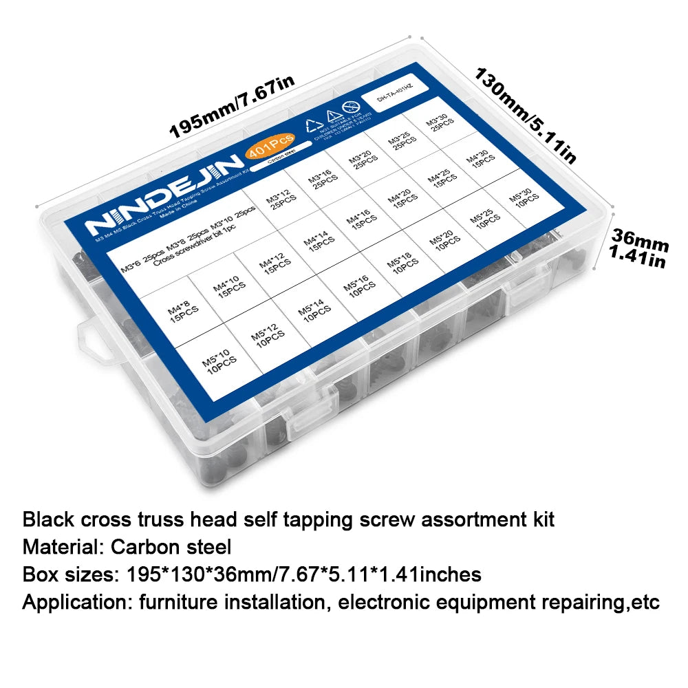 NINDEJIN 401pcs Cross Truss Head Self Tapping Screw Set Black Plated Mushroom Head Phillips Screw Assortment Kit Woodworking