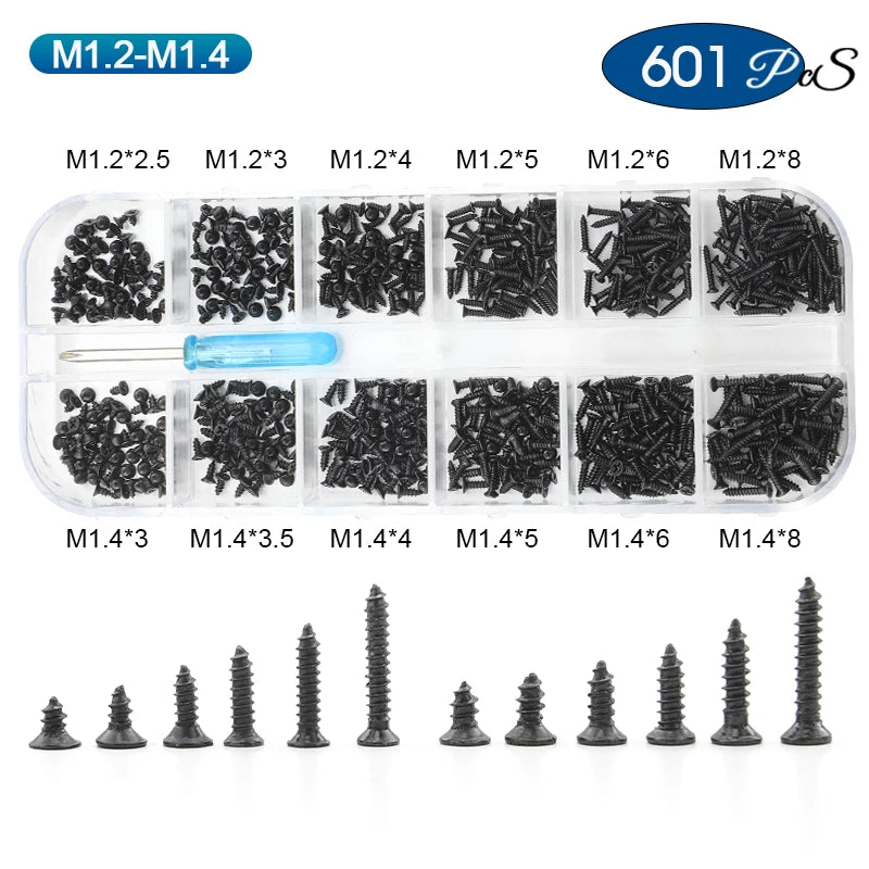 NINDEJIN Phillips Micro Screw Kit M1 M1.2 M1.4 M1.7 M2 Carbon Steel Electronic Small Tapping Screw Set for Glasses Phone Watches