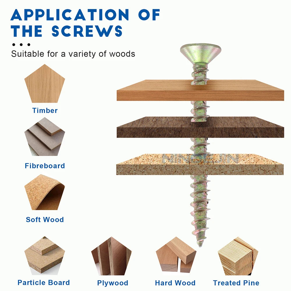NINDEJIN Wood Screw Kit M3.5 M4 Cross Recessed Fiberboard Screw Zinc Plated Flat Phillips Head Self Tapping Screw for Chipboard