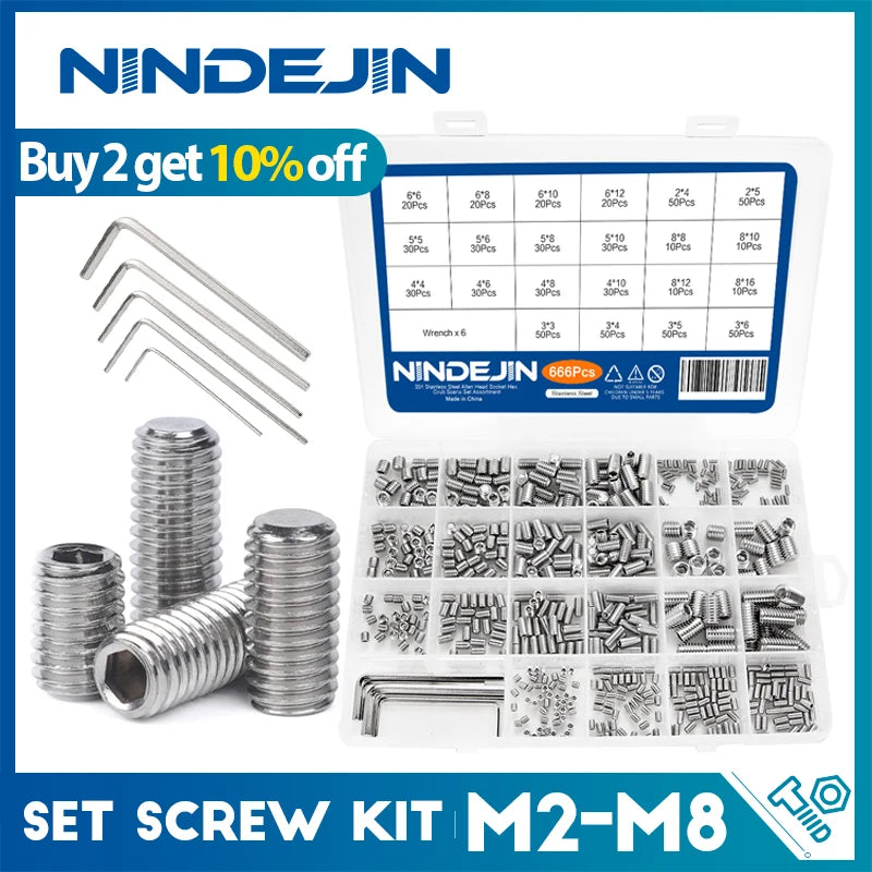 666pcs Hexagon Socket Flat Point Set Screw Stainless Steel Grub Screw Kit M2 M3 M4 M5 M6 M8 Headless Screw Assortment Kit