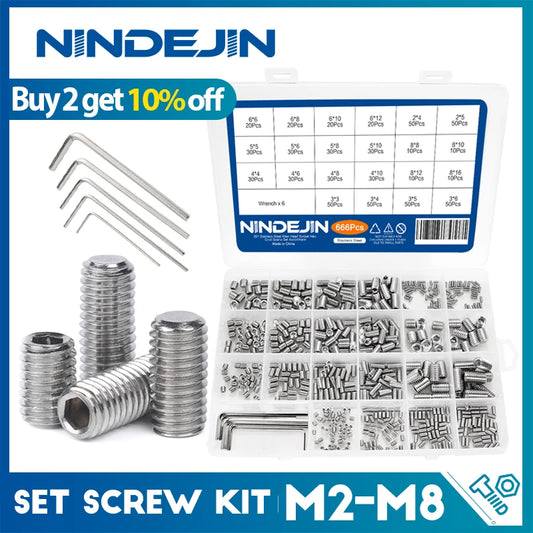 666pcs Hexagon Socket Flat Point Set Screw Stainless Steel Grub Screw Kit M2 M3 M4 M5 M6 M8 Headless Screw Assortment Kit